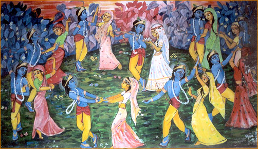 Krishna dancing with Radha in the center and also with each of the ladies in the larger circle