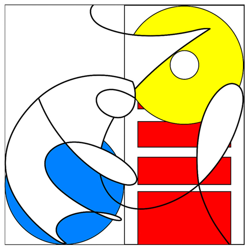 Eurydice One: The Illusory Fall of The Bicycle Into The Sub-Atomic  Parallel Worlds of Primary Color and Point of View - Part Three: The Abstract Narrative In Geome and Linead (Second Stage) - 1, 2, 2007, 2010, lacquer on aluminum, 96 x 96 inches 