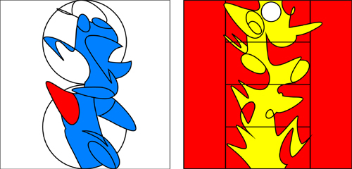 Eurydice One: The Illusory Fall of The Bicycle Into The Sub-Atomic Parallel Worlds of Primary Color and Point of View - Part Three: The Abstract Narative In Geome and Linead (Second Stage) - III, 4 (Diptych): 2007, 2010 Lacquer on aluminum 96 x 200" 