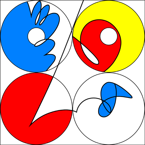 Eurydice One: The Illusory Fall of The Bicycle Into The Sub-Atomic Parallel Worlds of Primary Color and Point of View - Part Three: The Abstract Narrative In Geome and Linead (Second Stage) - 1, 2:  2007, 2010 Lacquer on aluminum 96 x 96"