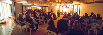 Presentation for devotees in Land Bridge Pavilion