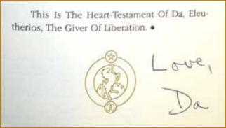 Adi Da's signature in one of the earliest copies of The Dawn Horse Testament.