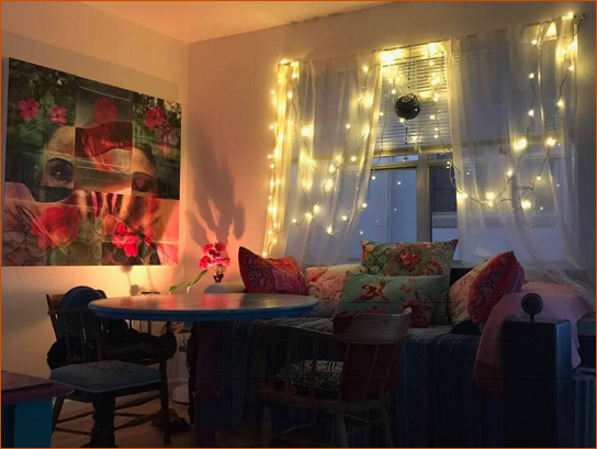 Devotee home decoated with Adi Da's Image-Art and festive lights in Australia, December, 2018